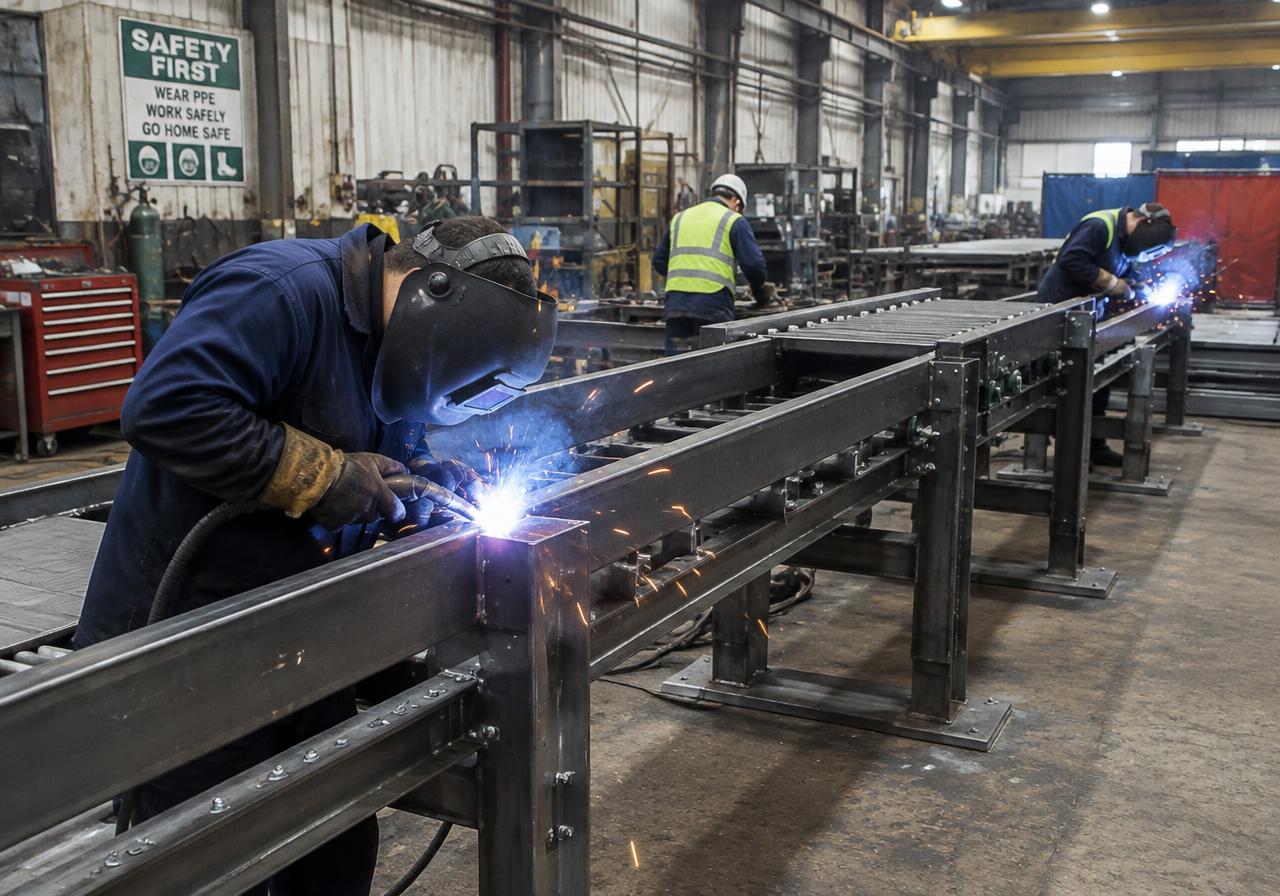 Conveyor frames being welded
